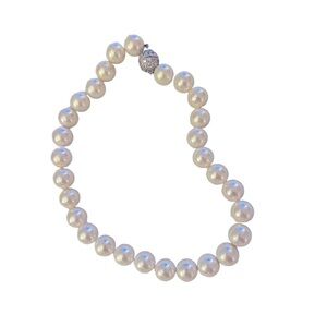 Faux Pearl Necklace Rhinestone Ball Clasp Large Beads 16” Necklace